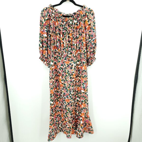 SALONI Floral Grace Silk Tea-Length Off the Shoulder Midi Dress 12 Multi Print - Picture 2 of 16